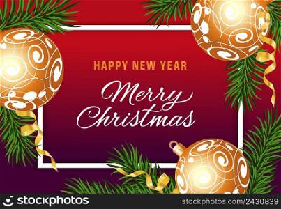 Happy New Year Merry Christmas≤ttering in frame withornaments over gradient background. Ce≤bration, invitation, party. Holiday concept. Can be used for greeting card, postcard, brochure