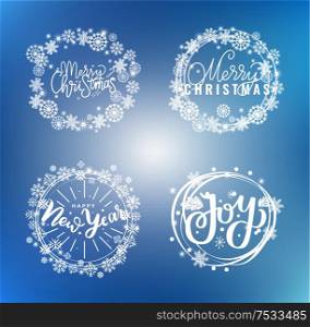 Happy New Year, Merry Christmas wishes, and joy, lettering doodles in wreath of snowflakes. Vector calligraphy messages, greetings with winter holidays. New Year, Happy Holidays Warm Wishes Santa Cookies