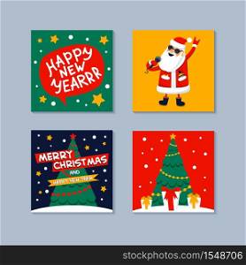 Happy New year mini greeting card. Singing Santa Claus, gifts, christmas tree and happy new year inscription on a speech bubble. Xmas greeting card. Flat style vector illustration.. Happy New year mini greeting card. Singing Santa Claus, gifts, christmas tree and happy new year inscription on a speech bubble. Xmas greeting card. Flat style vector illustration