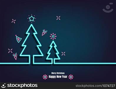 Happy new year. Neon christmas tree background. Christmas tree in neon light, Concept design greeting card, poster or banner, Vector illustration