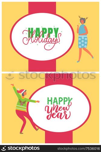 Happy New Year party, dancing women vector cards. Wintertime event, female in deer horn and sweaterwith reindeer. Winter holiday eve festive celebration. Happy New Year Party, Dancing Women Vector Cards