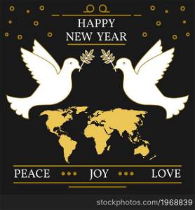 Happy new year, peace, joy and love greeting card. EPS10 vector. Doves and map thin line.