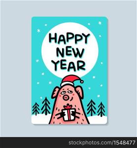 Happy new year Pig greeting card. Funny pig with gift and santa hats. 2019 Chinese New Year symbol. Doodle style characters for greeting cards, print, icon, sticker. Vector illustration. Happy new year Pig greeting card. Funny pig with gift and santa hats. 2019 Chinese New Year symbol. Doodle style characters for greeting cards, print, icon, sticker. Vector illustration.