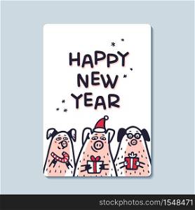 Happy new year Pig greeting card. Funny pigs with candy canes, gifts and santa hats. 2019 Chinese New Year symbol. Doodle style characters for greeting cards, print, icon, sticker. Vector illustration. Happy new year Pig greeting card. Funny pigs with candy canes, gifts and santa hats. 2019 Chinese New Year symbol. Doodle style characters for greeting cards, print, icon, sticker. Vector illustration.