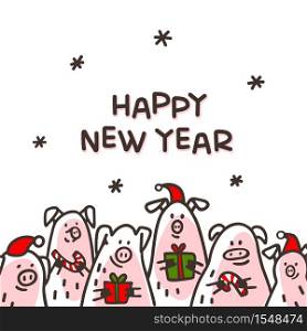 Happy new year Pig greeting card. Funny pigs with candy canes, gifts and santa hats. 2019 Chinese New Year symbol. Doodle style characters for greeting cards, print, icon, sticker. Vector illustration. Happy new year Pig greeting card. Funny pigs with candy canes, gifts and santa hats. 2019 Chinese New Year symbol. Doodle style characters for greeting cards, print, icon, sticker. Vector illustration.