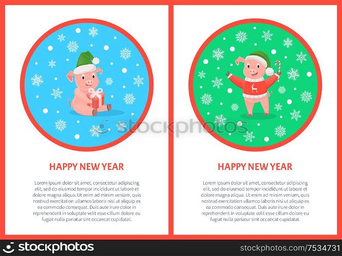 Happy New Year pig holiday design postcard. Colored round frame with snowflakes and text. Christmas piglets with candy and gifts vector greeting cards. Happy New Year Pig Holiday Design Postcard Vector