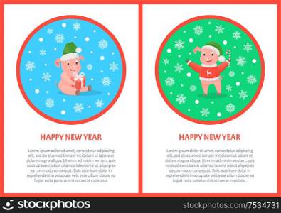 Happy New Year pig holiday design postcard. Colored round frame with snowflakes and text. Christmas piglets with candy and gifts vector greeting cards. Happy New Year Pig Holiday Design Postcard Vector