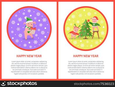 Happy New Year pig pattern colored greeting. Images with holiday presents and snowflakes. Piglets decorating Christmas tree, hanging balls and star. Happy New Year Pig Colored Pattern Greeting Vector