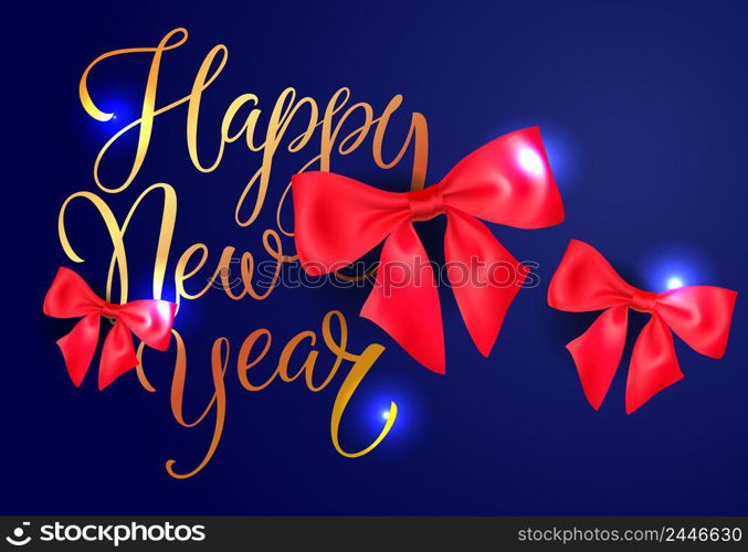Happy New Year postcard design. Red bows on shining dark blue background. Template can be used for banners, greeting cards, posters