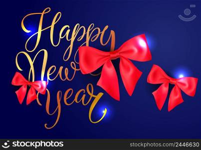 Happy New Year postcard design. Red bows on shining dark blue background. Template can be used for banners, greeting cards, posters