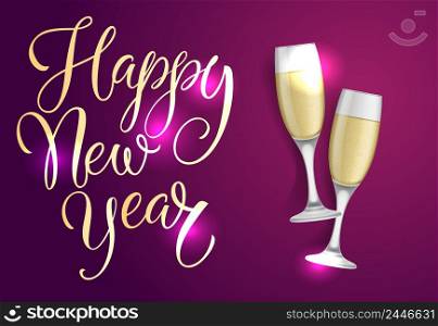 Happy New Year postcard design. Two Champagne flutes on shining magenta background. Template can be used for posters, greeting cards, flyers