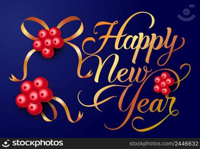 Happy New Year postcard design. Xmas berries with gold bows on dark blue background. Template can be used for banners, greeting cards, posters