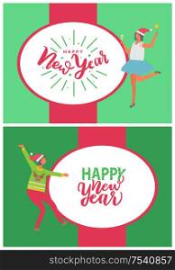 Happy New Year postcards with people dancing at corporate fest celebrating holidays. Vector cartoon style characters on Merry Christmas party. Happy New Year and Merry Christmas Postcard People