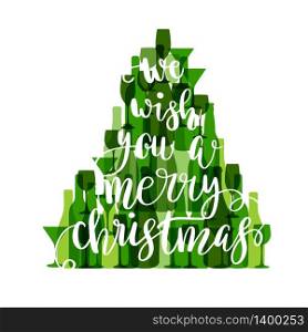 Happy new year poster made with wine and champagne bottles and glasses. Green Fir Christmas tree and lettering text on white background. Vector holiday card. Happy new year poster made with wine and champagne bottles and glasses. Violet Christmas tree on white background. Vector holiday card