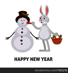 Happy New Year poster, rabbit with carrot creating snowman vector. Bunny holding basket with vegetables, furry animal placing nose to winter character, made of snow. Holiday 2019 preparation. Happy New Year poster, rabbit with carrot creating snowman