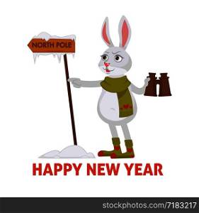 Happy New Year poster with bunny searching North Pole vector. Animal holding binoculars in paw, looking at wooden table indicator. Frost of winter, rabbit wearing knitted scarf and socks with ornament. Happy New Year poster with bunny searching North Pole