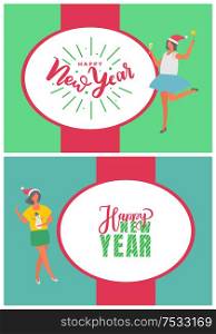 Happy New Year poster, woman in Santa Claus hat, vector lettering in oval frame. Girl with glass of champagne, in yellow sweater with snowman, vector. Happy New Year Poster, Woman in Santa Claus Hat
