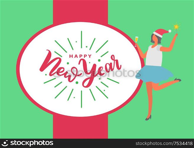 Happy New Year poster, woman in skirt holds glass of white wine, Santa Claus hat on head. Vector female with firework sparkler item. Girl celebrating Xmas. Happy New Year Poster Woman in Skirt Glass of Wine