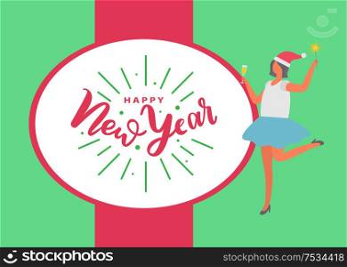 Happy New Year poster, woman in skirt holds glass of white wine, Santa Claus hat on head. Vector female with firework sparkler item. Girl celebrating Xmas. Happy New Year Poster Woman in Skirt Glass of Wine