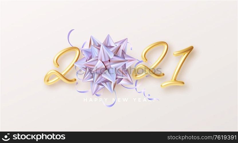 Happy New Year Realistic gold lettering 2021 with gift golden holographic rainbow bow and golden tinsel on a white background. Vector illustration EPS10. Happy New Year Realistic gold lettering 2021 with gift golden holographic rainbow bow and golden tinsel on a white background. Vector illustration
