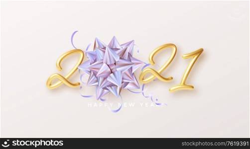 Happy New Year Realistic gold lettering 2021 with gift golden holographic rainbow bow and golden tinsel on a white background. Vector illustration EPS10. Happy New Year Realistic gold lettering 2021 with gift golden holographic rainbow bow and golden tinsel on a white background. Vector illustration