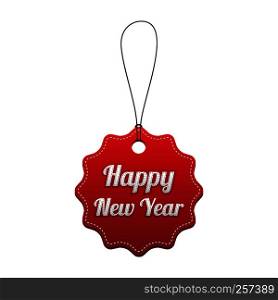 Happy New Year. Red stitched tag. Vector illustration