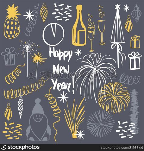 Happy New Year set. Vector sketch illustration.