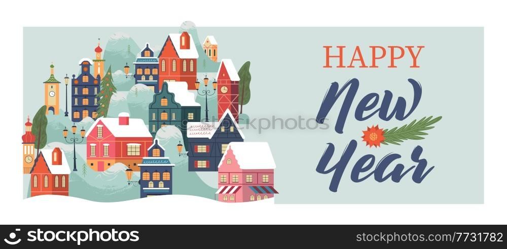 Happy new year. Snow covered town. Christmas tree and snow drifts. Christmas card with. Vector greeting christmas card. Happy new year. Snow covered town. Snowfall. Christmas card with. Vector greeting christmas card.