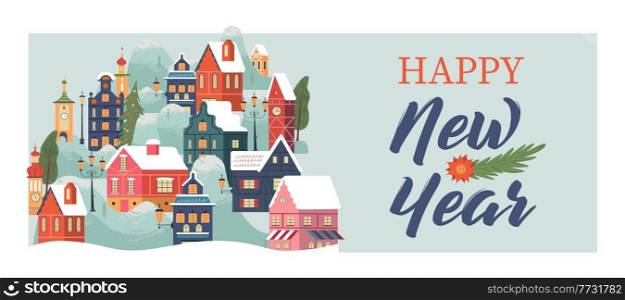 Happy new year. Snow covered town. Christmas tree and snow drifts. Christmas card with. Vector greeting christmas card. Happy new year. Snow covered town. Snowfall. Christmas card with. Vector greeting christmas card.