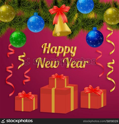 Happy New Year text. Paper Year background with text in gold color with Christmas tree and balls