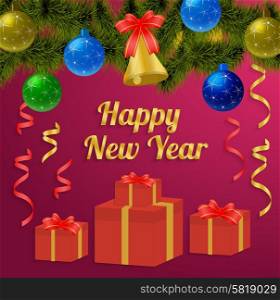 Happy New Year text. Paper Year background with text in gold color with Christmas tree and balls