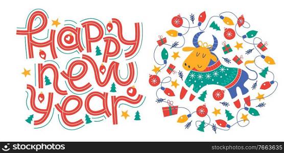 Happy new year. The symbol of 2021 is a bull dressed in a colorful knitted sweater surrounded by gifts and Christmas decorations. Vector illustration on a white background.. Happy new year. Vector greeting card, banner on white background.