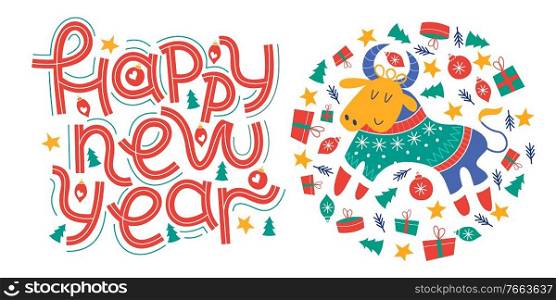 Happy new year. The symbol of 2021 is a bull dressed in a colorful knitted sweater surrounded by gifts and Christmas decorations. Vector illustration on a white background.. Happy new year. Vector greeting card, banner on white background.