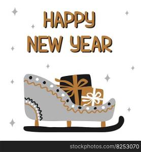 Happy New Year traditional patterned sleigh with gifts in scandinavian hand drawn style with lettering in gold, silver, black colors. Vector illustration, simple object, square format. Happy New Year traditional patterned sleigh with gifts in scandinavian hand drawn style with lettering in gold, silver, black colors. Vector illustration, simple object, square format.