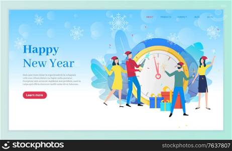 Happy new year vector, celebration of winter holidays by people. Friends by clock and presents. Colleagues wearing stan hats and opening champagne. Website or webpage template, landing page flat style. Happy New Year People Standing by Clock Website