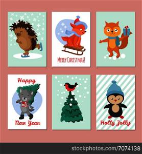 Happy new year vector flyers. Merry christmas postcard with cute winter animals. Xmas card with penguin and hedgehog, wolf and bird illustration. Happy new year vector flyers. Merry christmas postcard with cute winter animals