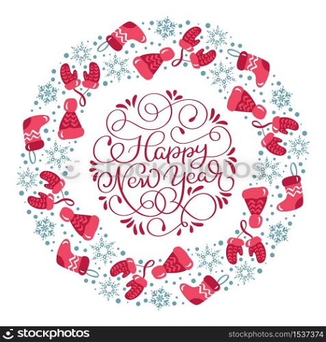 Happy New Year vector scandinavian calligraphic vintage text. Winter Christmas Wreath with xmas phrase. Greeting card template with vintage style elements Doodle Illustration.. Happy New Year vector scandinavian calligraphic vintage text. Winter Christmas Wreath with xmas phrase. Greeting card template with vintage style elements Doodle Illustration