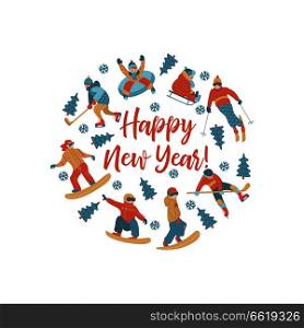 happy New Year. Winter sports and fun activities in the snow. People skiing, skating, sledding, snowboarding. A set of characters oriented in a circle. Vector illustration.. Happy new year. Vector illustration. A set of characters engaged in winter sports and recreation.