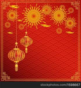 Happy new year with a firework and Chinese Lantern. Chinese frame On pattern background red traditional pattern. For the design of the Chinese New Year. The concept for holiday banner, greeting card. 