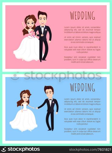 Happy newlywed couple dancing first dance and standing together with bouquet of flowers. Vector just married husband and wife in wedding dresses. Happy Newlywed Couple Dancing, Bouquet of Flowers