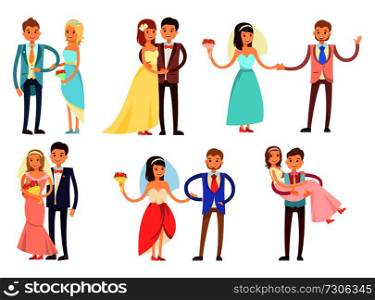 Happy newlywed couples composed of women in wedding gowns and veils who hold bouquets, and men in stylish suits cartoon vector illustrations set.. Newlyweds in Wedding Gowns and Festive Suits Set