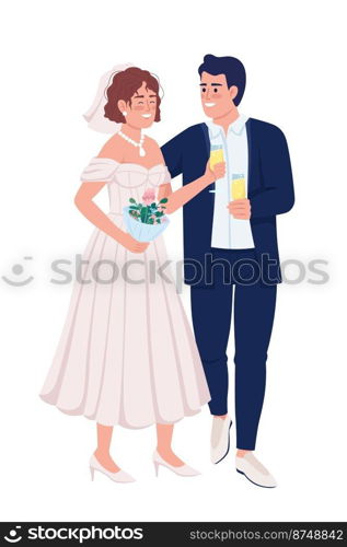 Happy newlyweds drinking sparkling wine semi flat color vector characters. Editable figures. Full body people on white. Simple cartoon style illustration for web graphic design and animation. Happy newlyweds drinking sparkling wine semi flat color vector characters