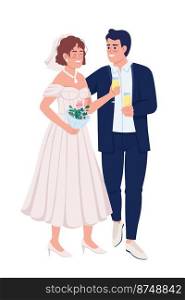 Happy newlyweds drinking sparkling wine semi flat color vector characters. Editable figures. Full body people on white. Simple cartoon style illustration for web graphic design and animation. Happy newlyweds drinking sparkling wine semi flat color vector characters
