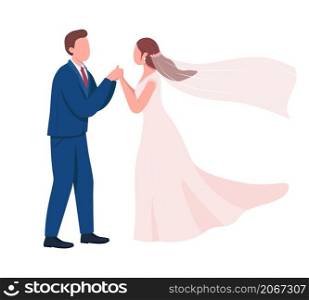 Happy newlyweds hold hands semi flat color vector characters. Two figures. Full body people on white. Wedding isolated modern cartoon style illustration for graphic design and animation. Happy newlyweds hold hands semi flat color vector characters