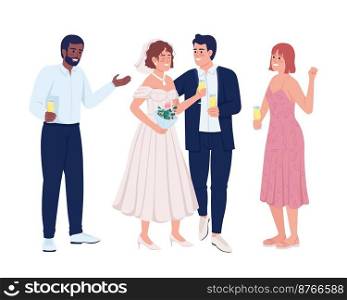 Happy newlyweds with friends semi flat color vector characters. Wedding event. Editable figures. Full body people on white. Simple cartoon style illustration for web graphic design and animation. Happy newlyweds with friends semi flat color vector characters