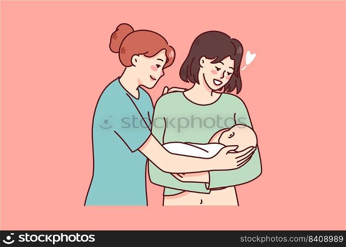 Happy nurse and young mother holding newborn baby on hands. Smiling mom meeting child infant have comfort from doctor. Motherhood concept. Flat vector illustration.. Happy mother holding newborn baby in arms