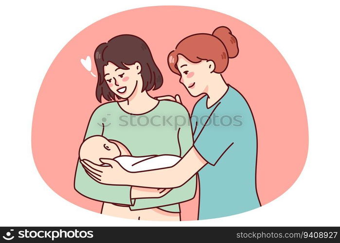 Happy nurse and young mother holding newborn baby on hands. Smiling mom meeting child infant have comfort from doctor. Motherhood concept. Flat vector illustration.. Happy mother holding newborn baby in arms