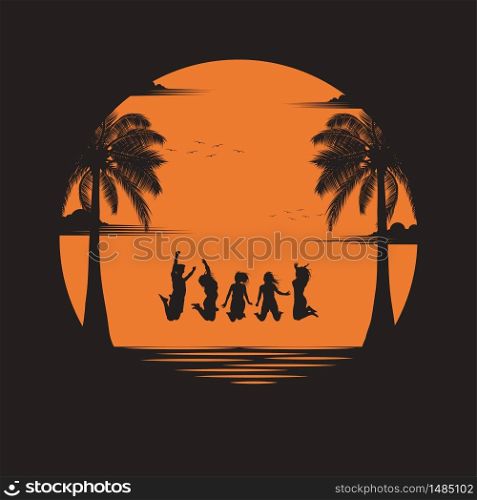 Happy of summer. group young with happily along the edge of sunset sand beach. teen group outdoor activity on tropical summer vacations. silhouettes. vector illustration flat style