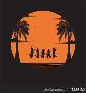 Happy of summer. group young with happily along the edge of sunset sand beach. teen group outdoor activity on tropical summer vacations. silhouettes. vector illustration flat style