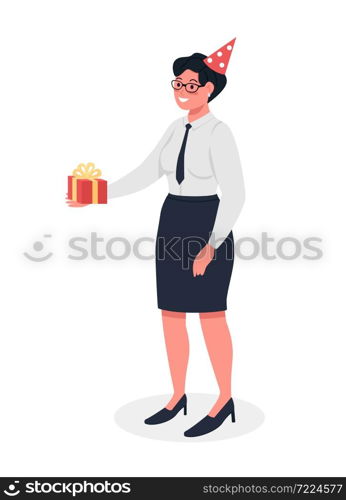 Happy office worker with gift semi flat color vector character. Full body person on white. Holiday celebration isolated modern cartoon style illustration for graphic design and animation. Happy office worker with gift semi flat color vector character